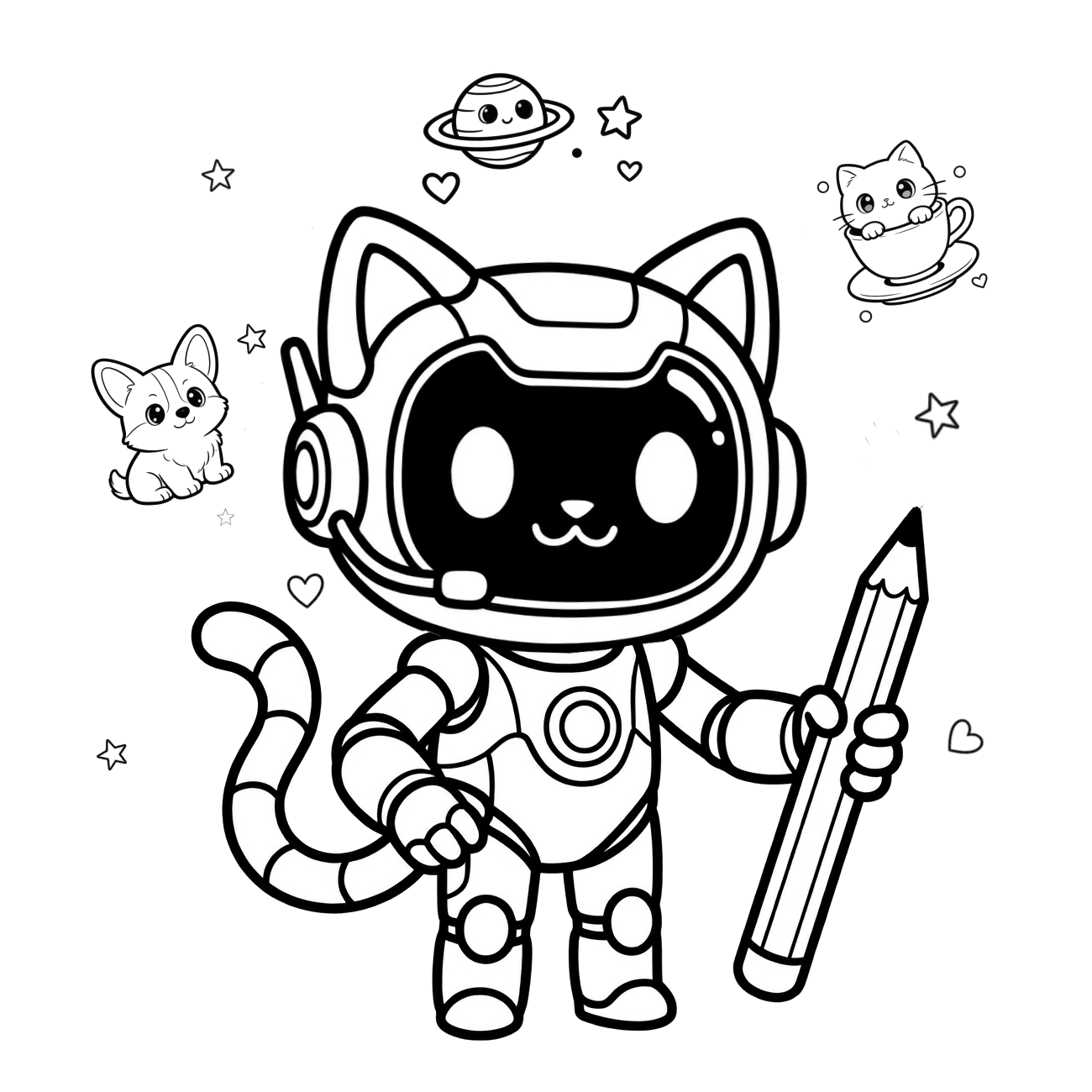 AI-generated coloring page - cute robot cat with pencil and kittens