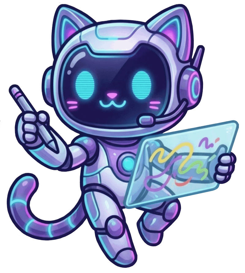 DoodleAI mascot - a cute robot cat artist